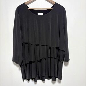 Susan Graver Tunic 1X Black Tiered 3/4 Sleeve Liquid Knit Stretch Blouse